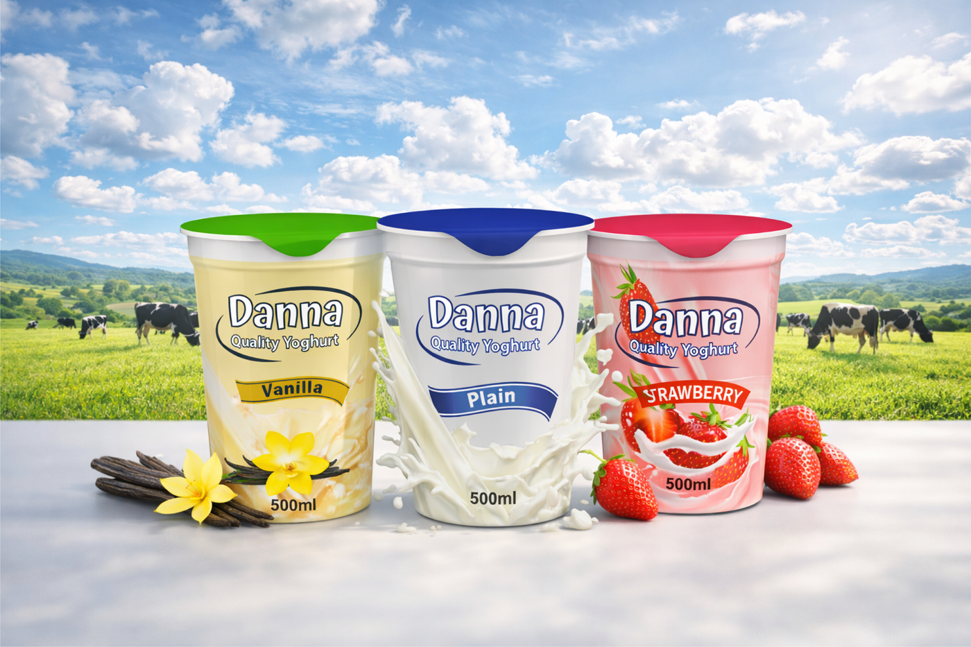 Danna vanilla, plain and strawberry yoghurt cups on a farm